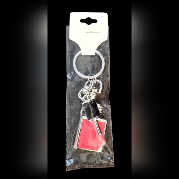 NWT Nail Polish Bottle Keychain Bag Charm Pink and Black Enamel Charm 4" - Picture 4 of 5